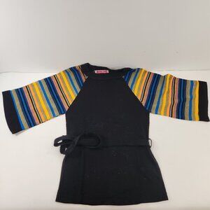 Vintage Black Tight Tunic with Waist Sash and Wide Mod Rainbow Sleeves - Korea